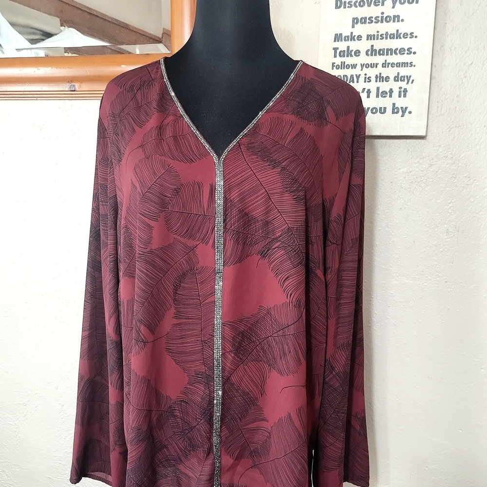 Liz Claiborne Deep Wine Sheer Leaf-Print Open Front Top with Rhinestone Trim XL